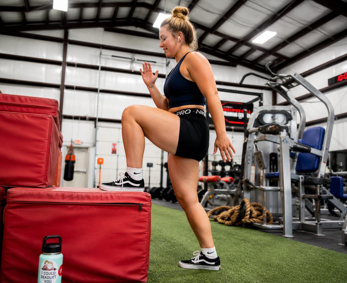 Member doing step conditioning work at Gym Cypress
